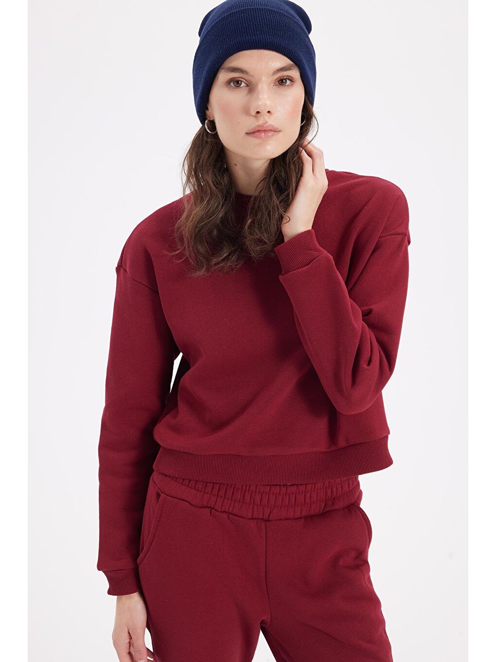 Kadın Regular Fit Pamuklu 3 İplik Yumuşak Dokulu İçi Polarlı Bisiklet Yaka Bordo Eşofman Takımı-1