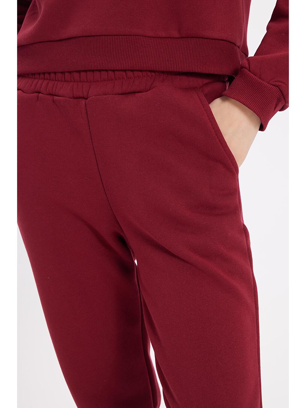 Kadın Regular Fit Pamuklu 3 İplik Yumuşak Dokulu İçi Polarlı Bisiklet Yaka Bordo Eşofman Takımı-2