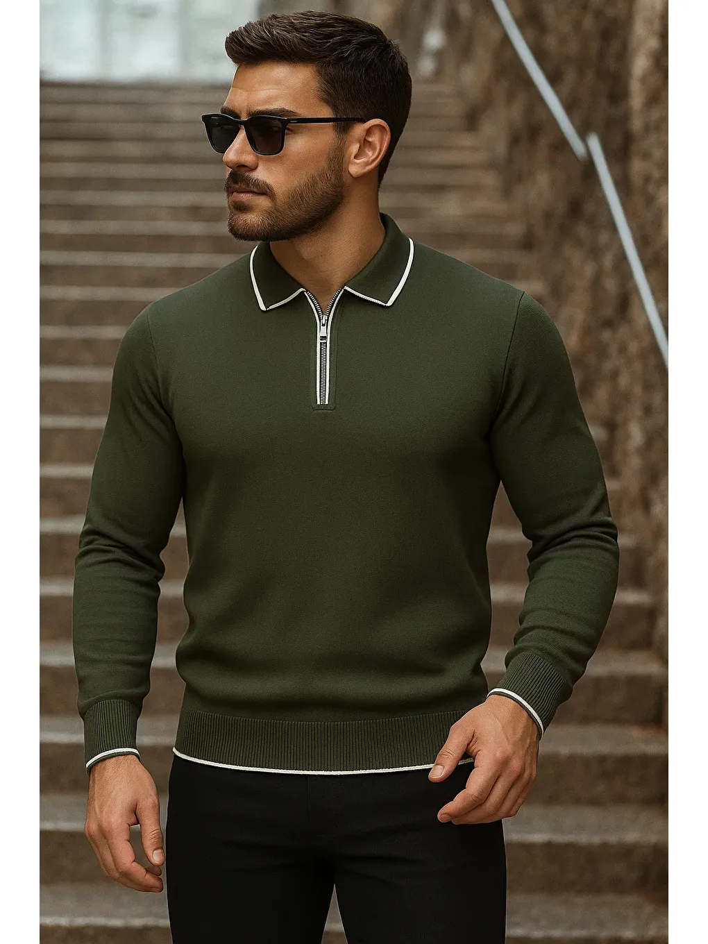 Erkek Trend Fermuarlı Uzun Kollu Haki Polo Yaka Kazak