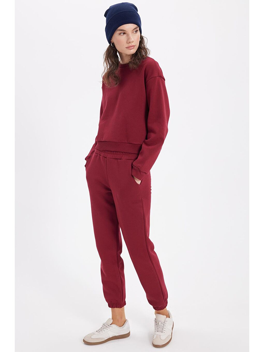 Kadın Regular Fit Pamuklu 3 İplik Yumuşak Dokulu İçi Polarlı Bisiklet Yaka Bordo Eşofman Takımı-3