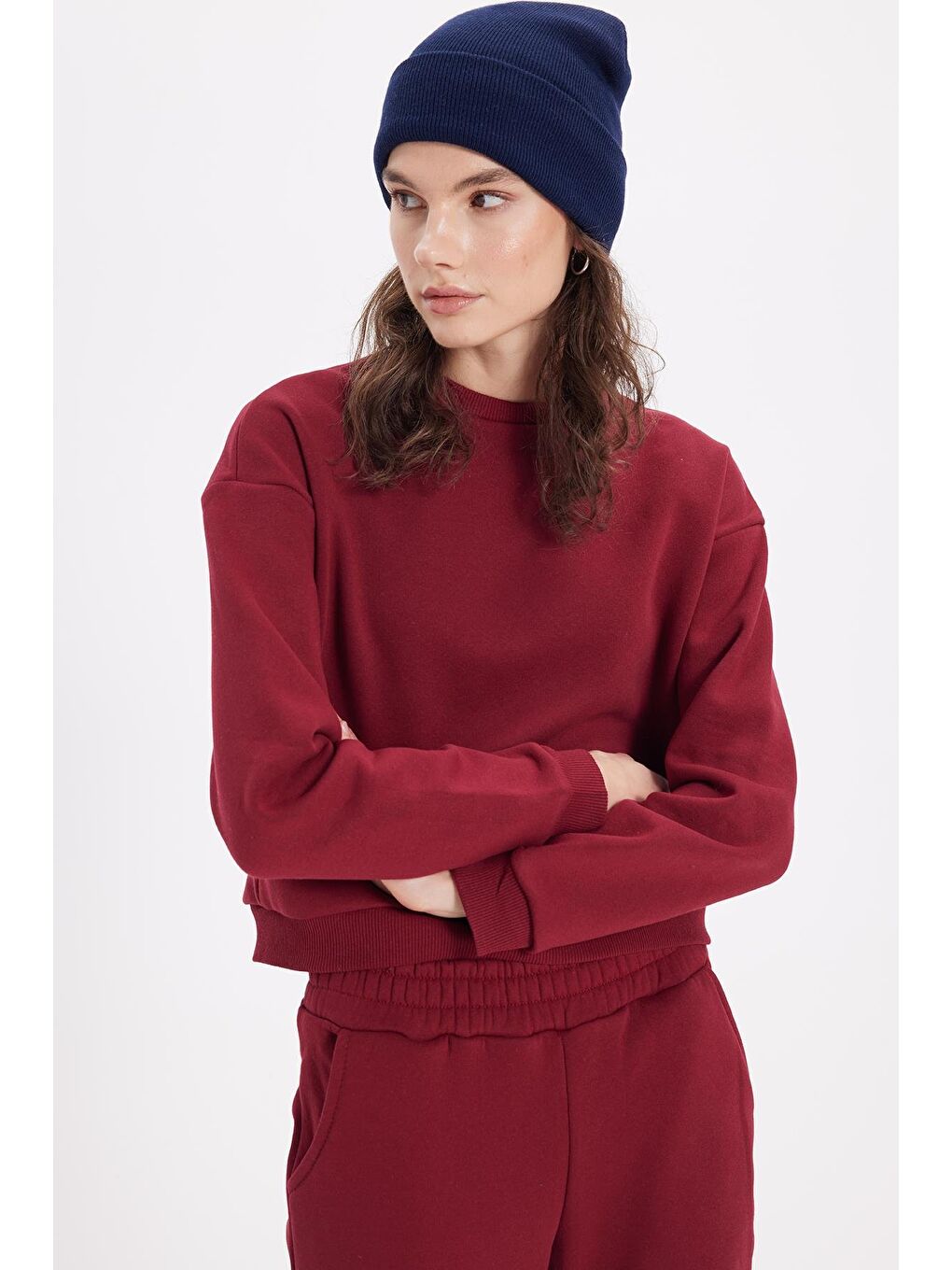 Kadın Regular Fit Pamuklu 3 İplik Yumuşak Dokulu İçi Polarlı Bisiklet Yaka Bordo Eşofman Takımı-4