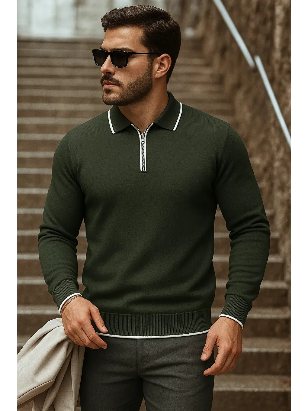 Erkek Trend Fermuarlı Uzun Kollu Haki Polo Yaka Kazak-1