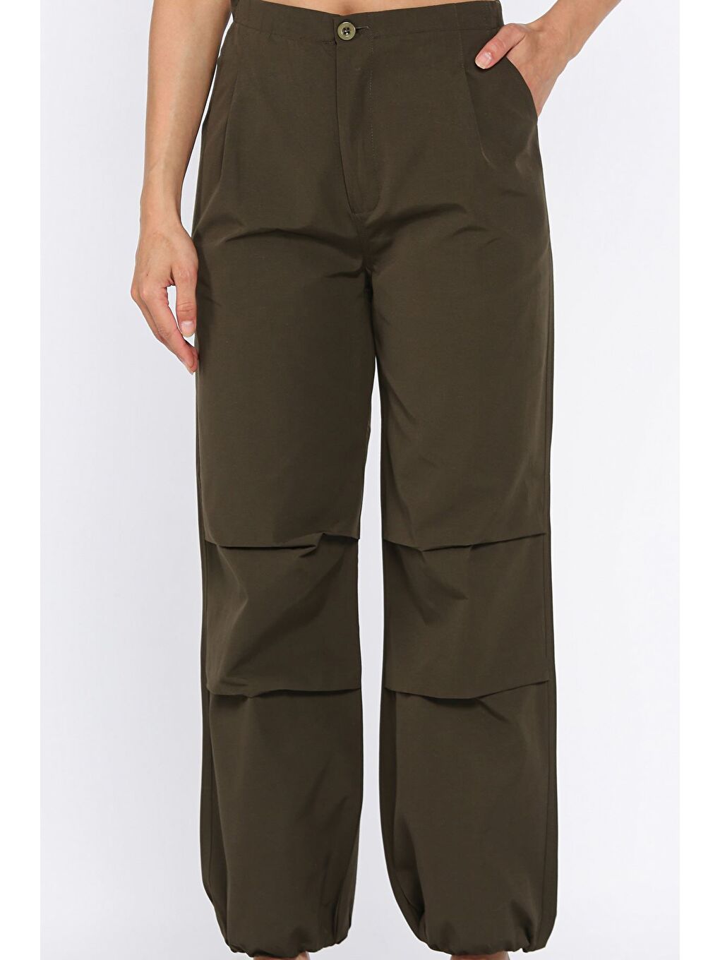 Haki Kadın Bel Ve Paça Lastikli Yüksek Bel Paraşüt Pantolon-2