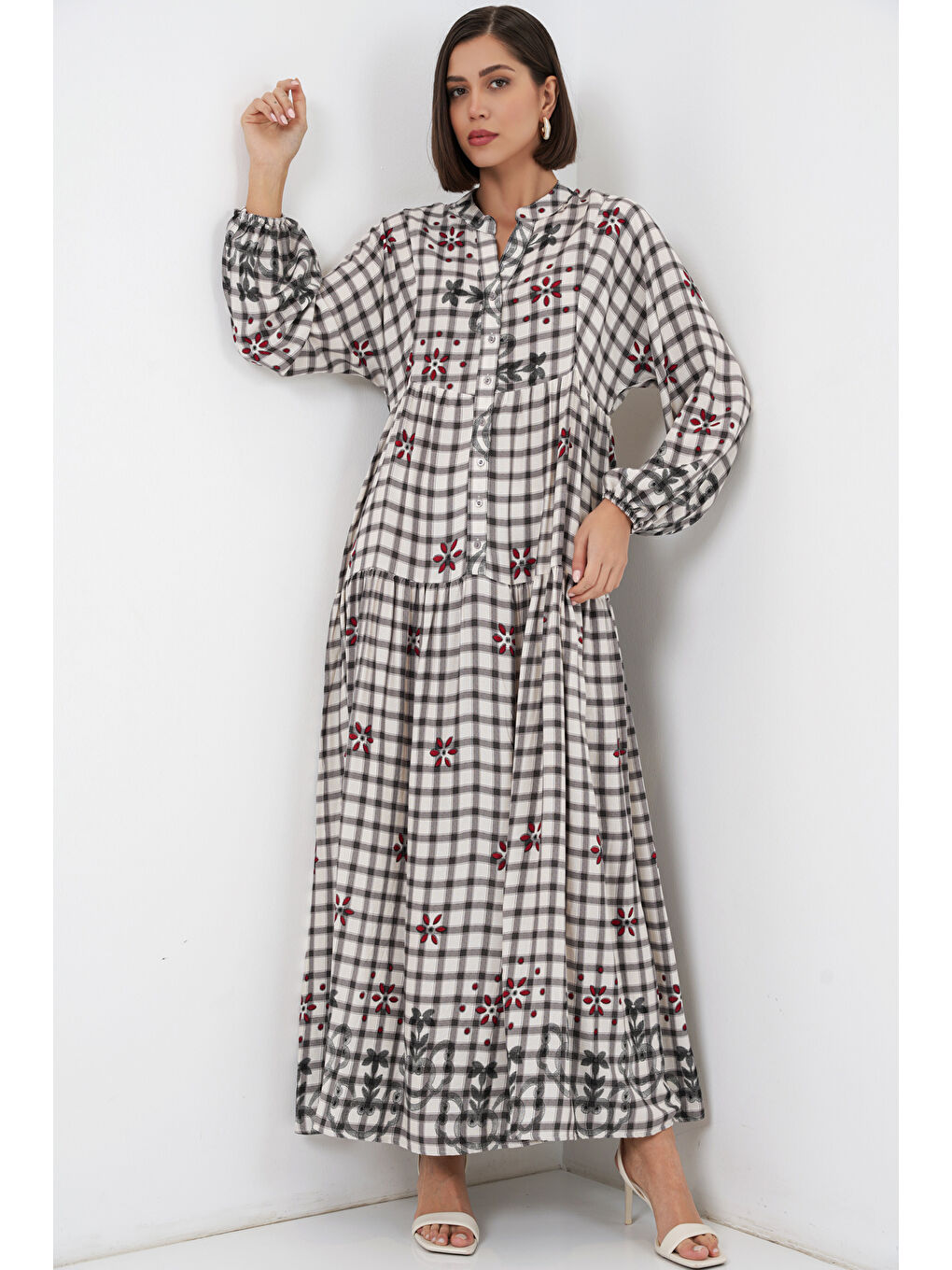 Kadın Desenli Uzun Tesettür Elbise 2585 - A.Gri