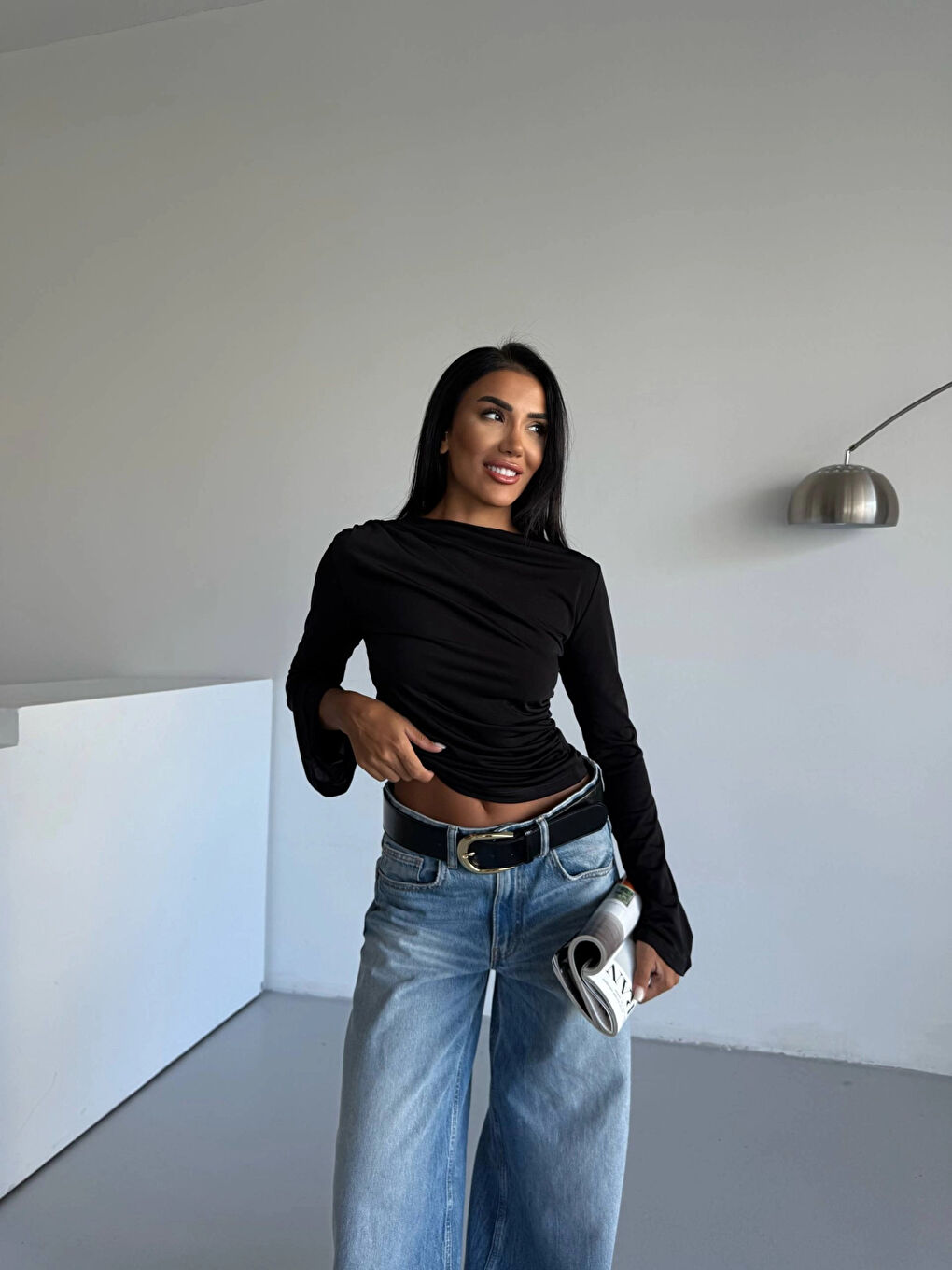 Kadın Siyah Drape Detaylı İspanyol Kol Sany Bluz HZL25W-FRY123431-4