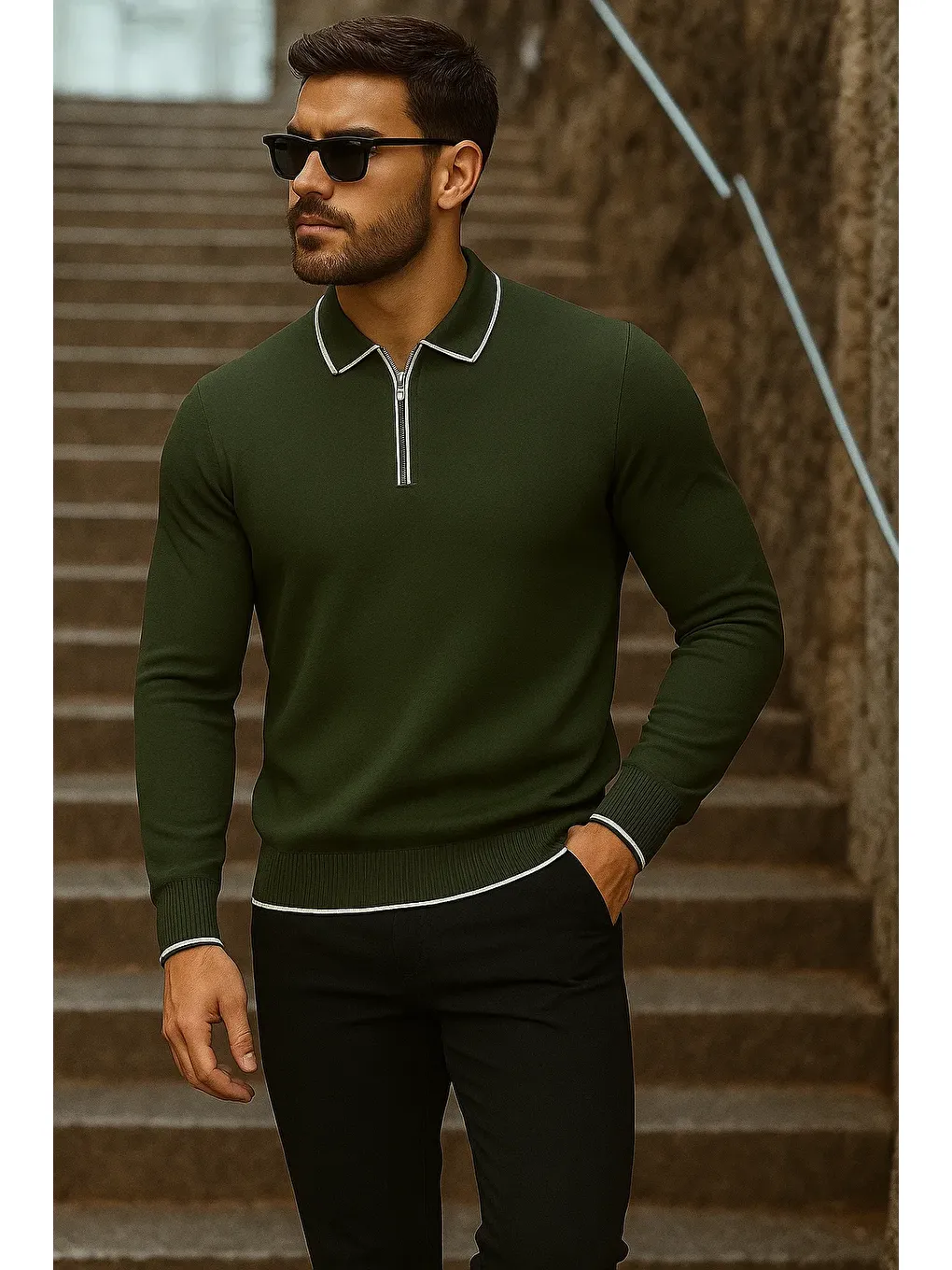 Erkek Trend Fermuarlı Uzun Kollu Haki Polo Yaka Kazak-3