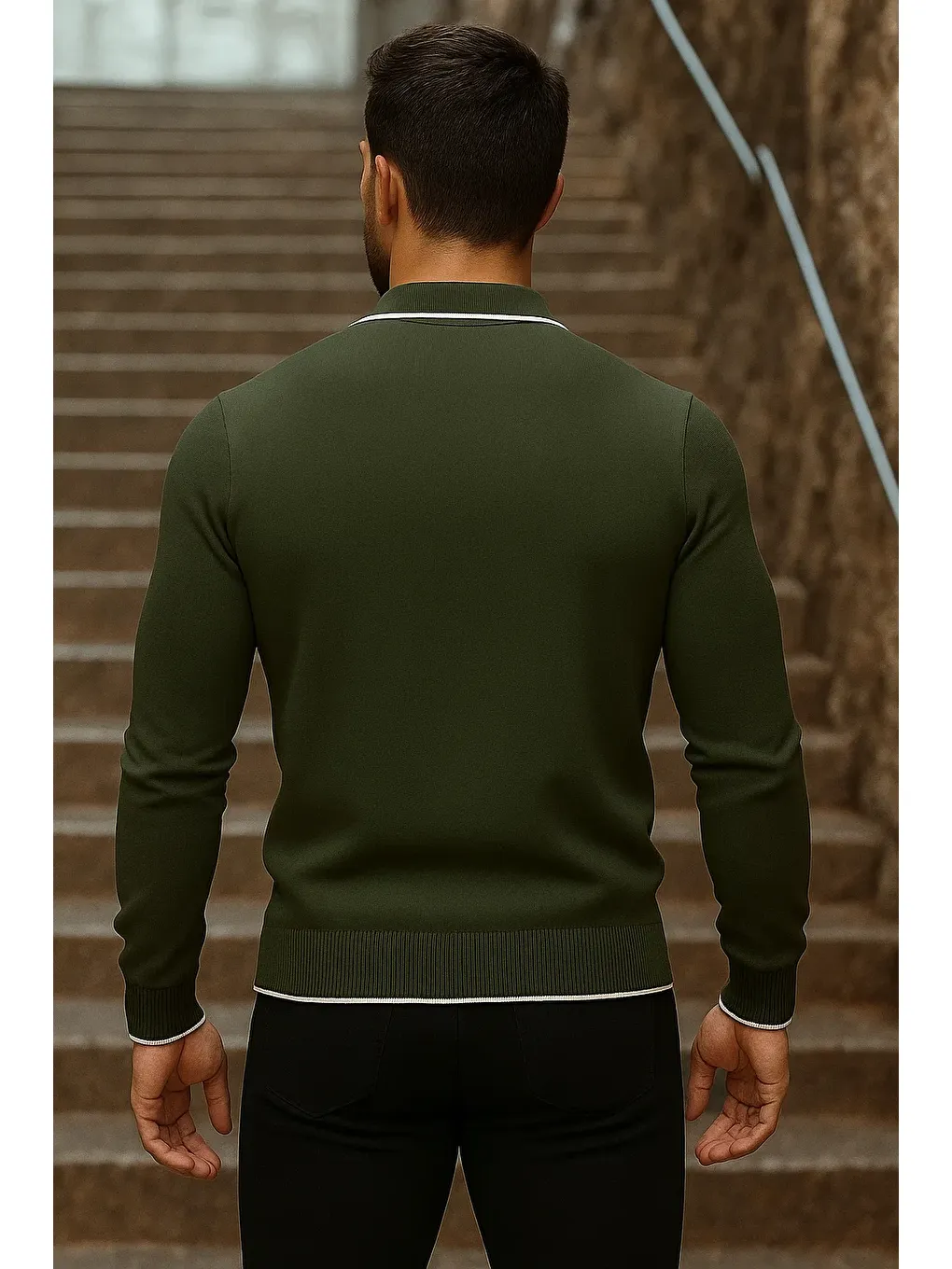 Erkek Trend Fermuarlı Uzun Kollu Haki Polo Yaka Kazak-4