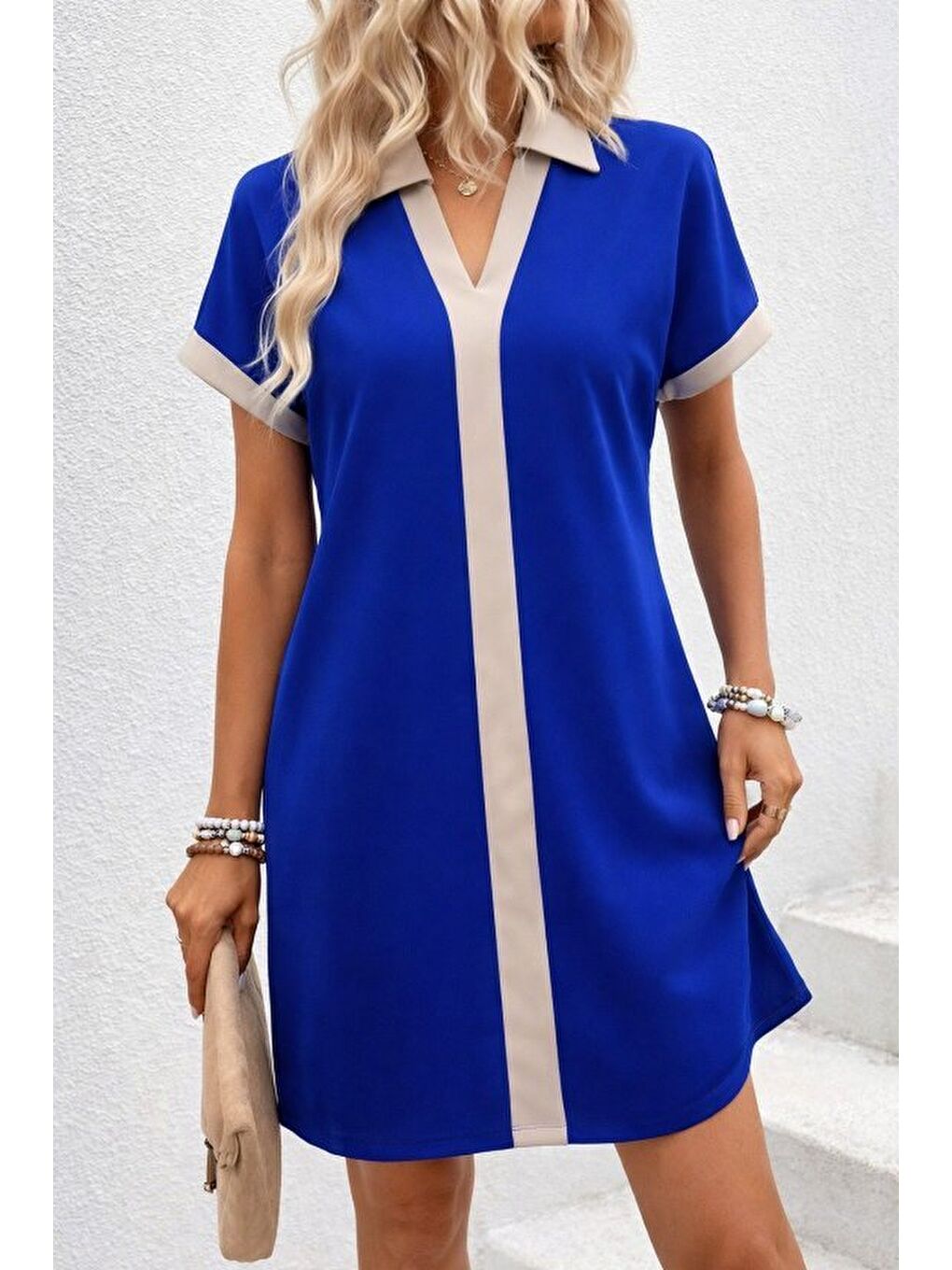 Mavi Kadın Kısa Kollu V Yakalı Onden şerit Detaylı Yakalı Kısa Janjan Krep Elbise-1