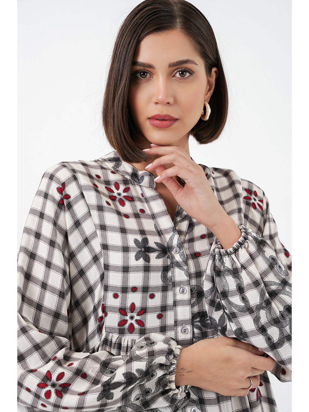 Kadın Desenli Uzun Tesettür Elbise 2585 - A.Gri-1