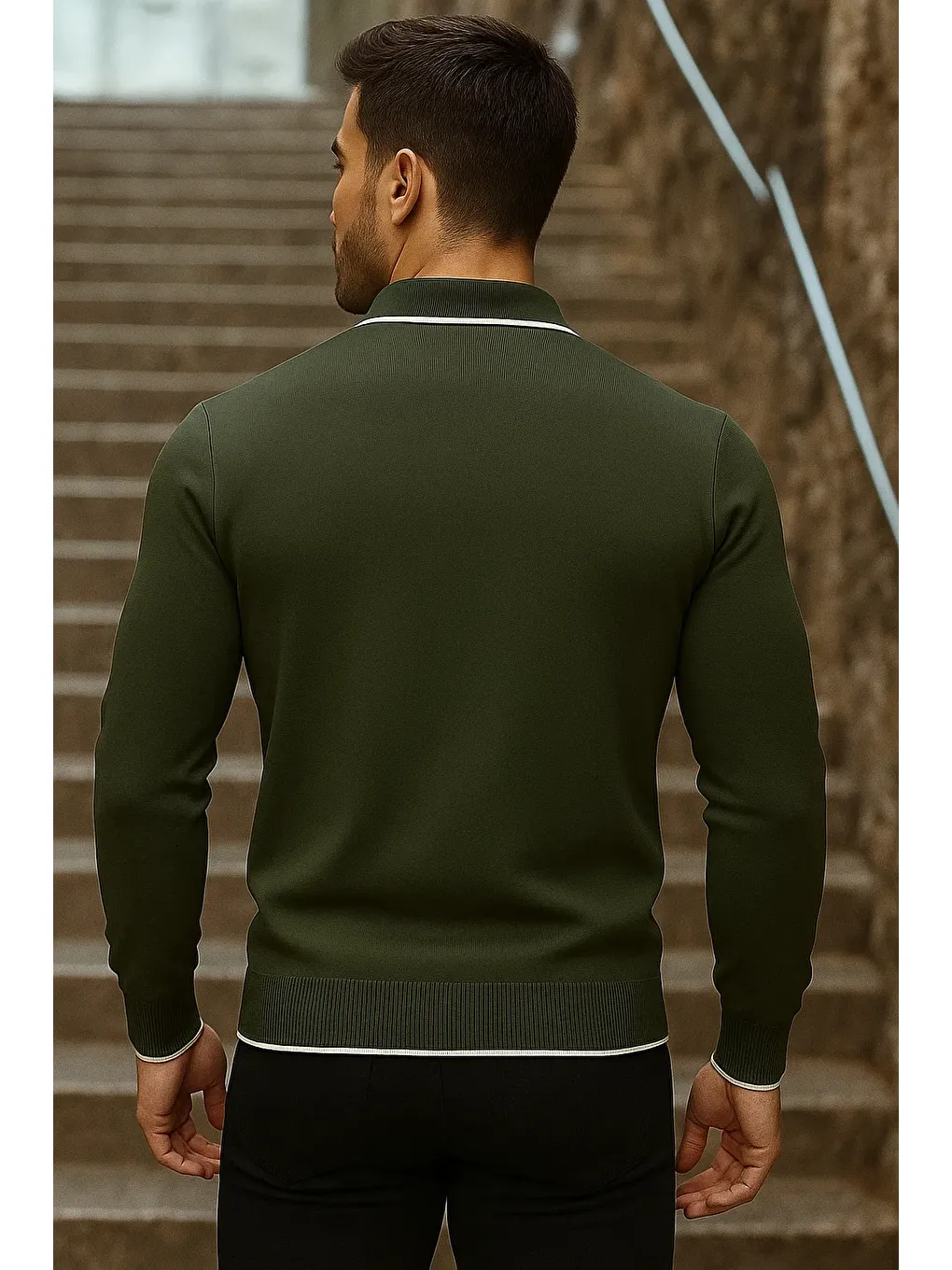 Erkek Trend Fermuarlı Uzun Kollu Haki Polo Yaka Kazak-5