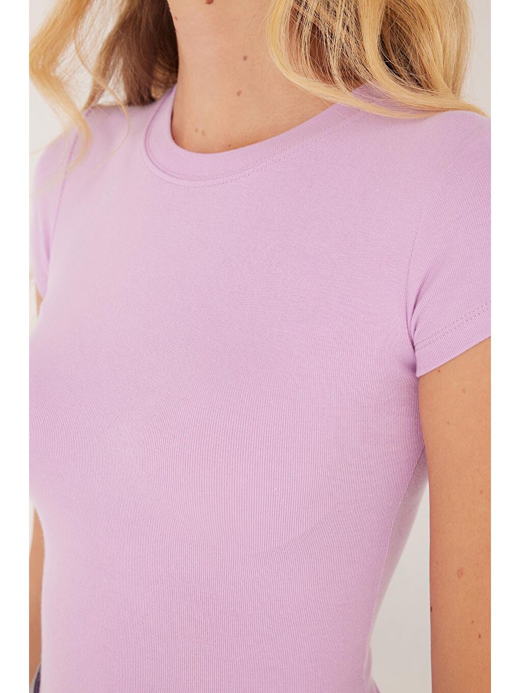 Kadın Regular Fit Klasik Kesim Bisiklet Yaka Viskon Kumaş Ultra Soft Lila Tişört-2