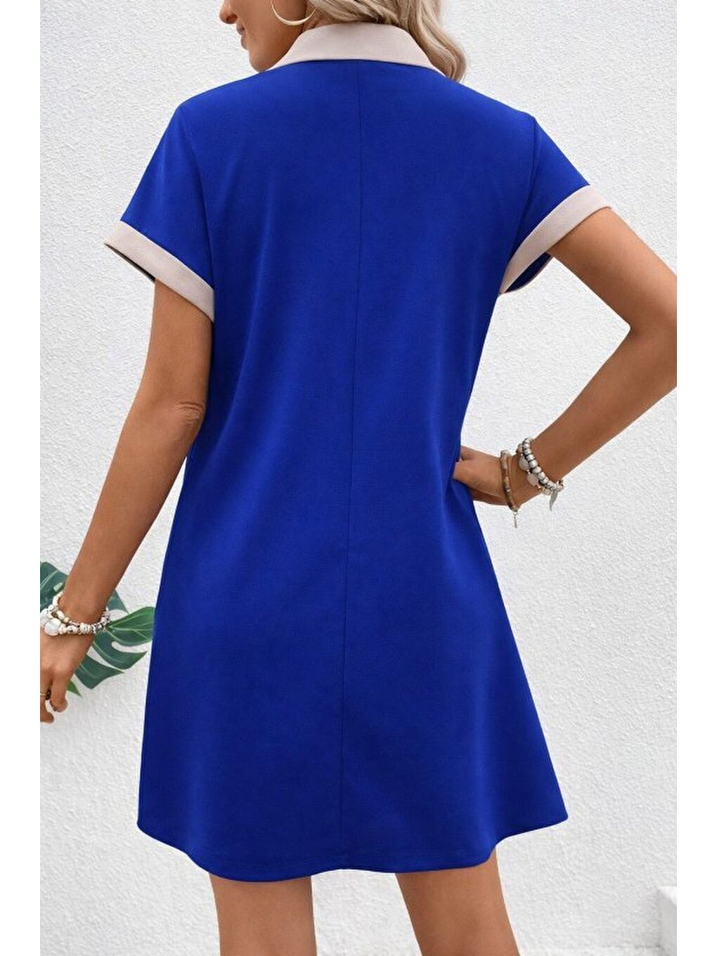 Mavi Kadın Kısa Kollu V Yakalı Onden şerit Detaylı Yakalı Kısa Janjan Krep Elbise-2