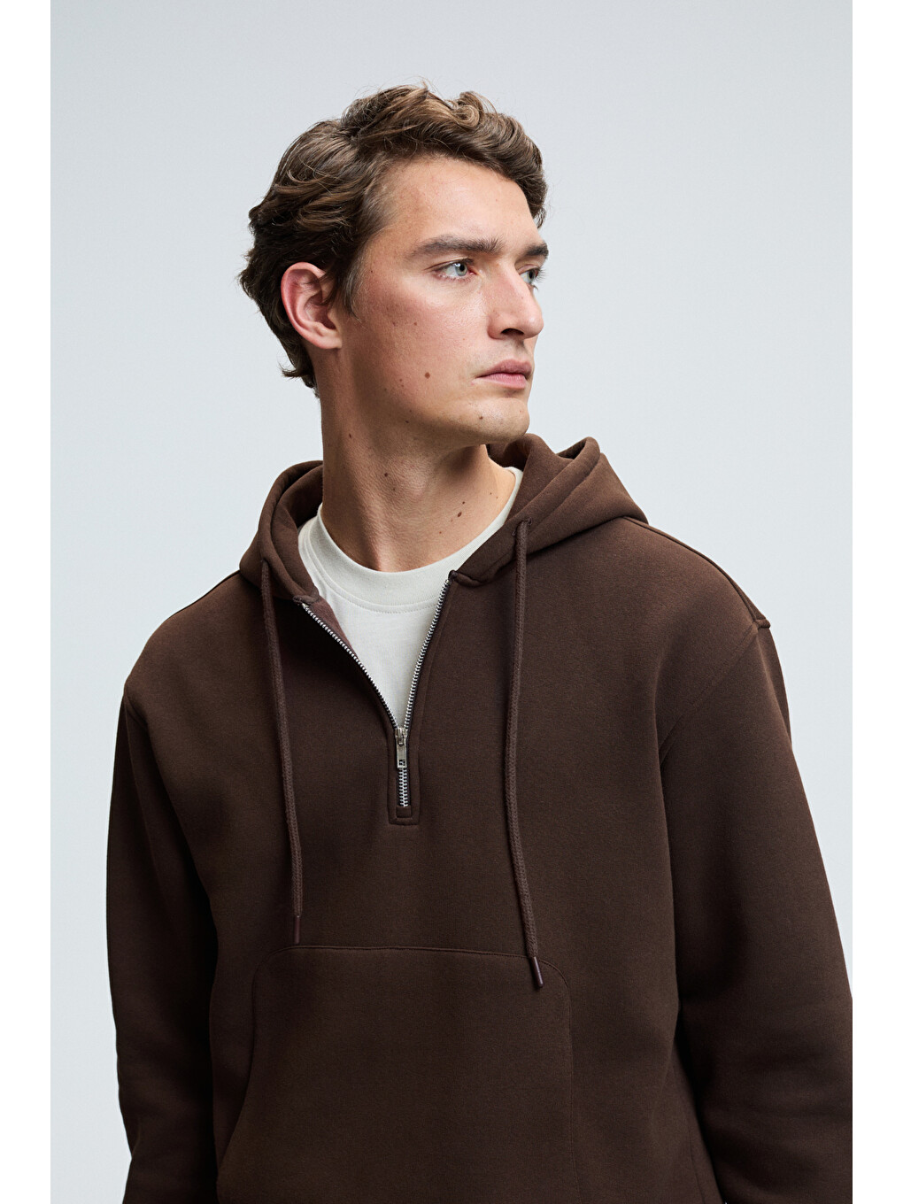 Justus Erkek Kapüşonlu Kanguru Cepli Fermuar Yakalı Kahverengi Sweatshirt-3