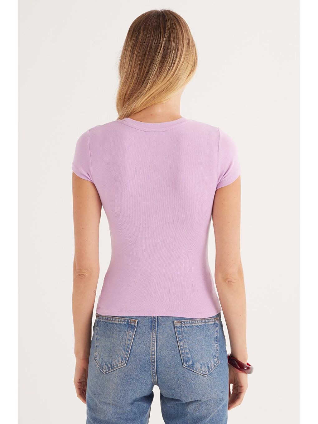 Kadın Regular Fit Klasik Kesim Bisiklet Yaka Viskon Kumaş Ultra Soft Lila Tişört-6