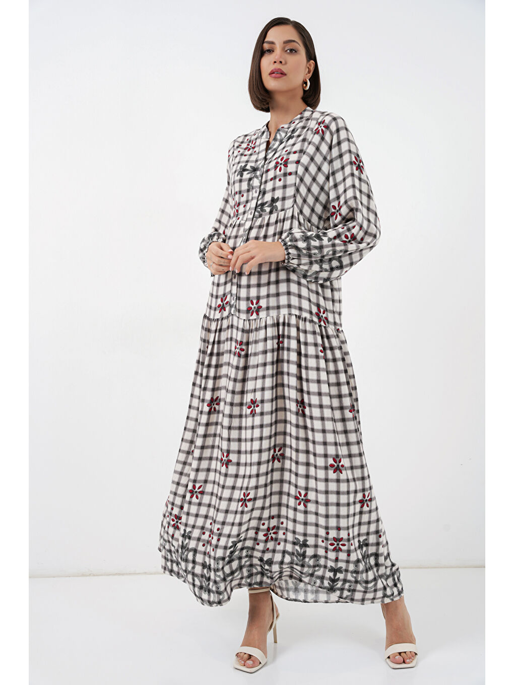 Kadın Desenli Uzun Tesettür Elbise 2585 - A.Gri-2