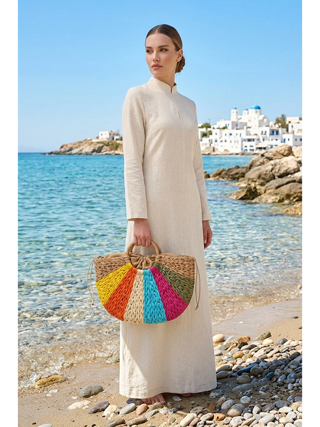 Beyaz Renk Bloklu Camel Sepet Hasır Çanta Cnt2609-1