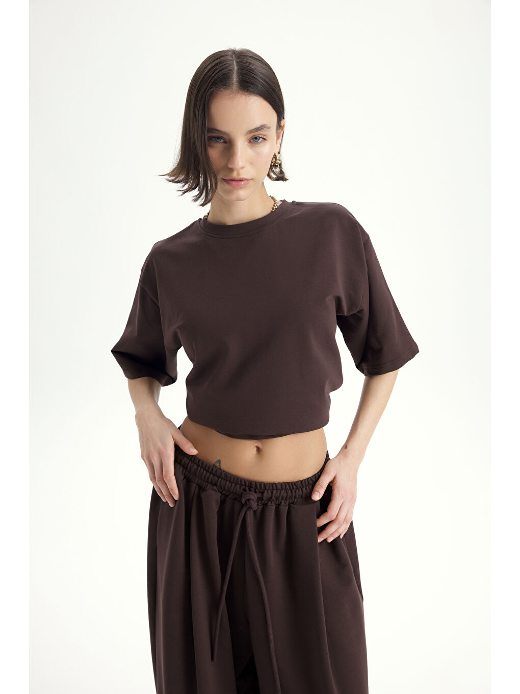 Kahverengi Bruges Oversize Kahve T-Shirt Eşofman Takım-3