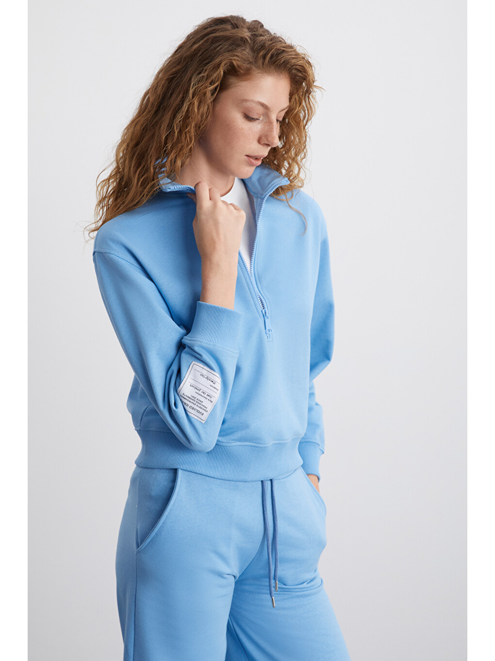 Saılenıs Kadın Yumuşacık İçi Şardonlu Organik Pamuk Yarım Fermuarlı Regular Mavi Sweatshirt-3