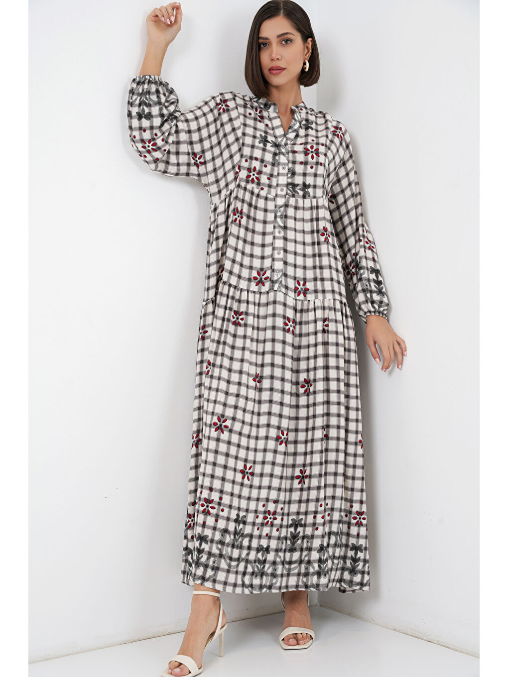 Kadın Desenli Uzun Tesettür Elbise 2585 - A.Gri-3