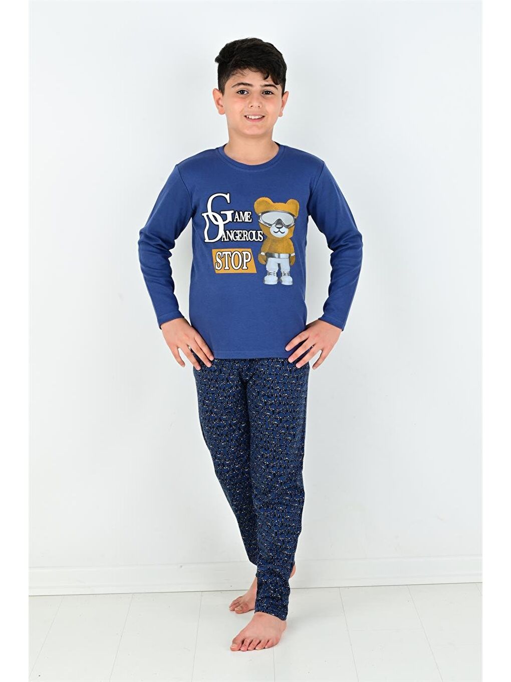 Lacivert Uzun Kollu Erkek Çocuk Game Dangerous Model Pijama Takımı