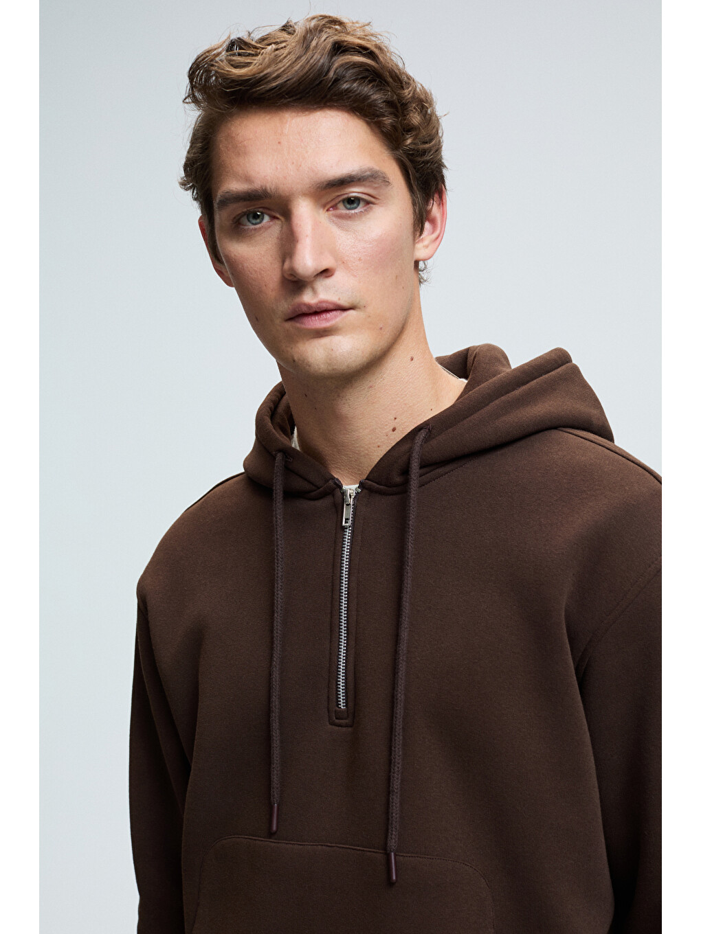 Justus Erkek Kapüşonlu Kanguru Cepli Fermuar Yakalı Kahverengi Sweatshirt-4