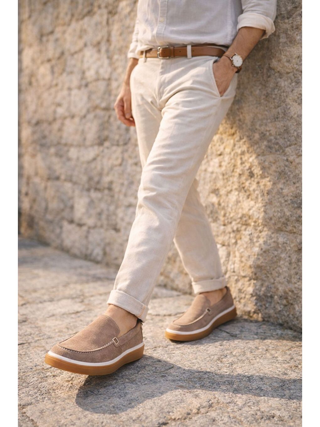 Bej COVENT Hakiki Süet Deri Bağcıksız Erkek Günlük Loafer Ayakkabı-5