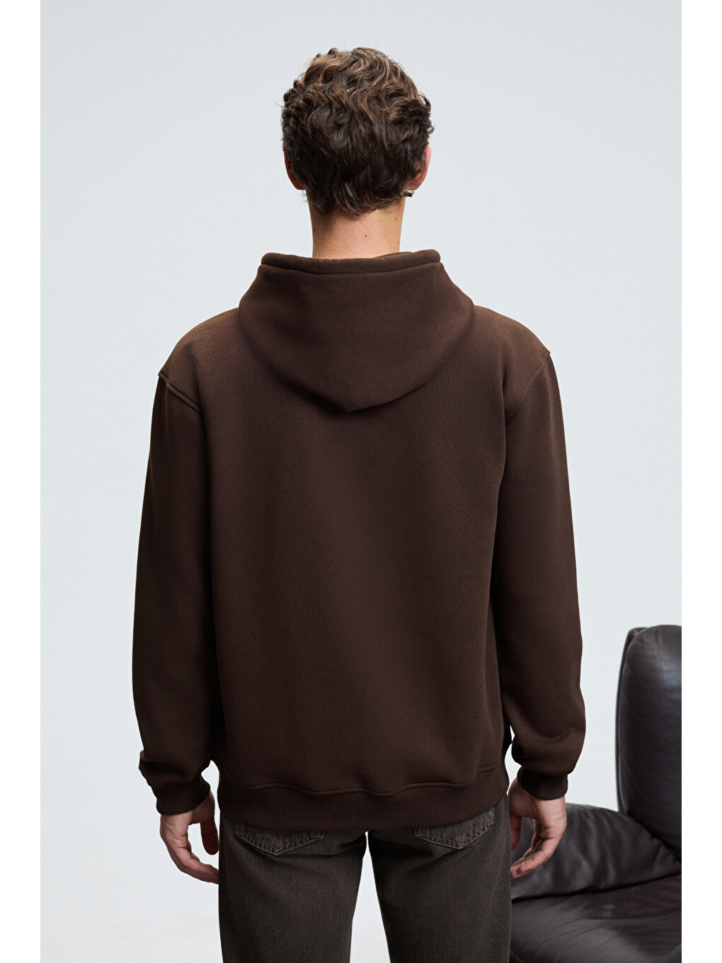 Justus Erkek Kapüşonlu Kanguru Cepli Fermuar Yakalı Kahverengi Sweatshirt-5