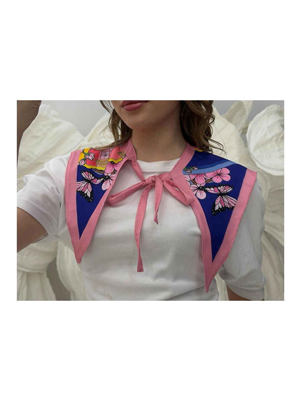 Kadın Pembe Bağlamalı Desenli Yaka Omuz Fuları YK001 PEMBE-1