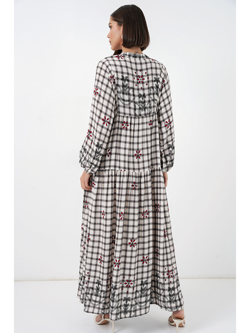 Kadın Desenli Uzun Tesettür Elbise 2585 - A.Gri-5