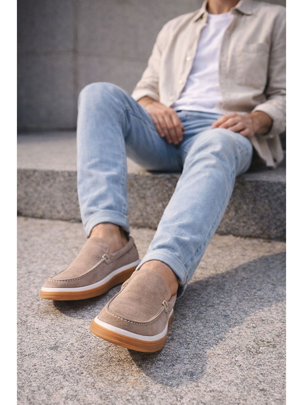 Bej COVENT Hakiki Süet Deri Bağcıksız Erkek Günlük Loafer Ayakkabı-6