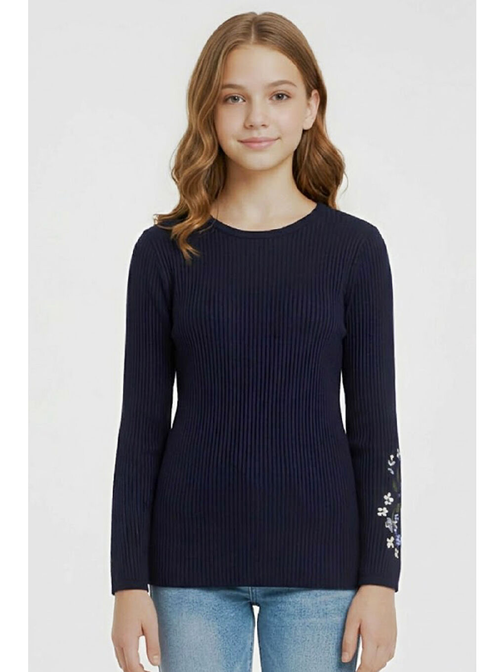 Lacivert Kız Çocuk Bluz-Çiçek Nakışlı 12-16 Yaş 12542-1