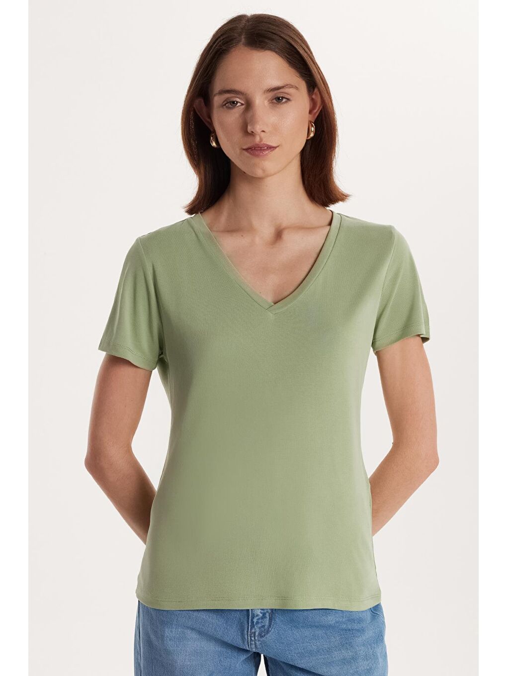Yeşil Kadın Relax Fit Rahat Kesim Modal V Yaka Mint Tişört-3