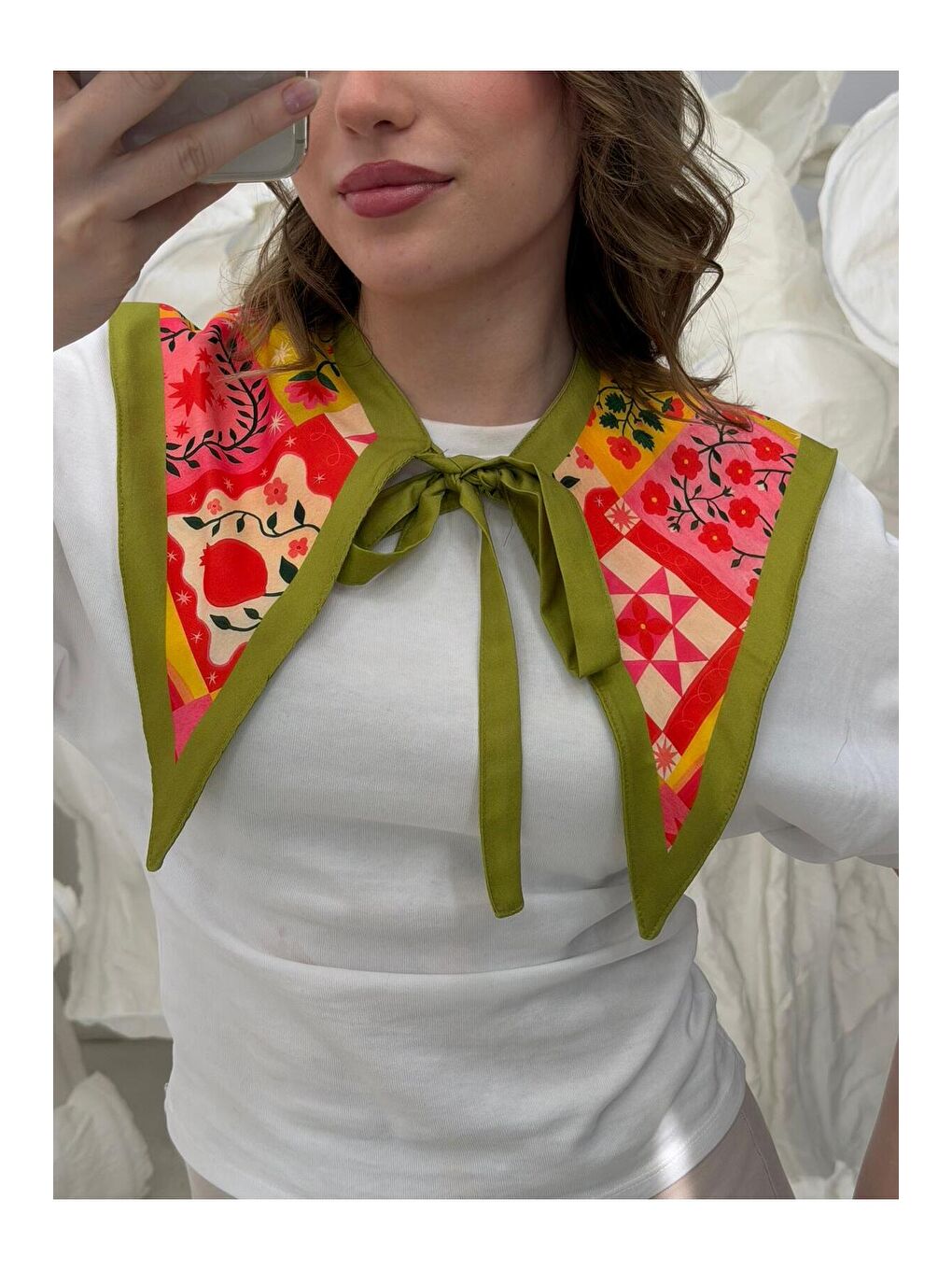 Kadın Yeşil Bağlamalı Desenli Yaka Omuz Fuları YK005 YESIL