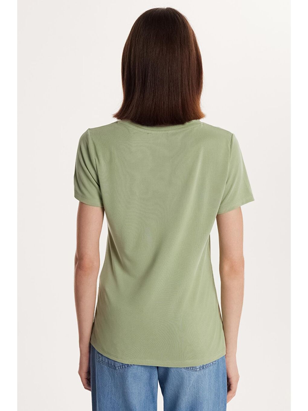 Yeşil Kadın Relax Fit Rahat Kesim Modal V Yaka Mint Tişört-4