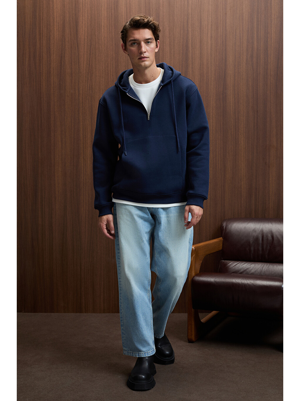 Justus Erkek Kapüşonlu Kanguru Cepli Fermuar Yakalı Lacivert Sweatshirt-1