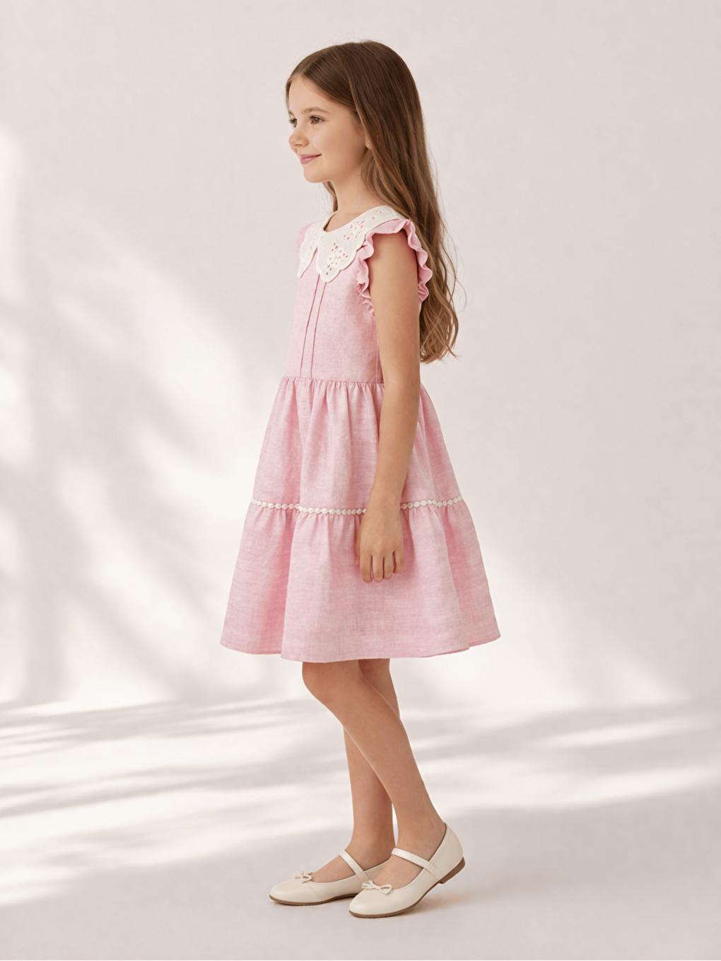Pembe Bebe Yaka Kısa Kollu Kız Çocuk Elbise-1