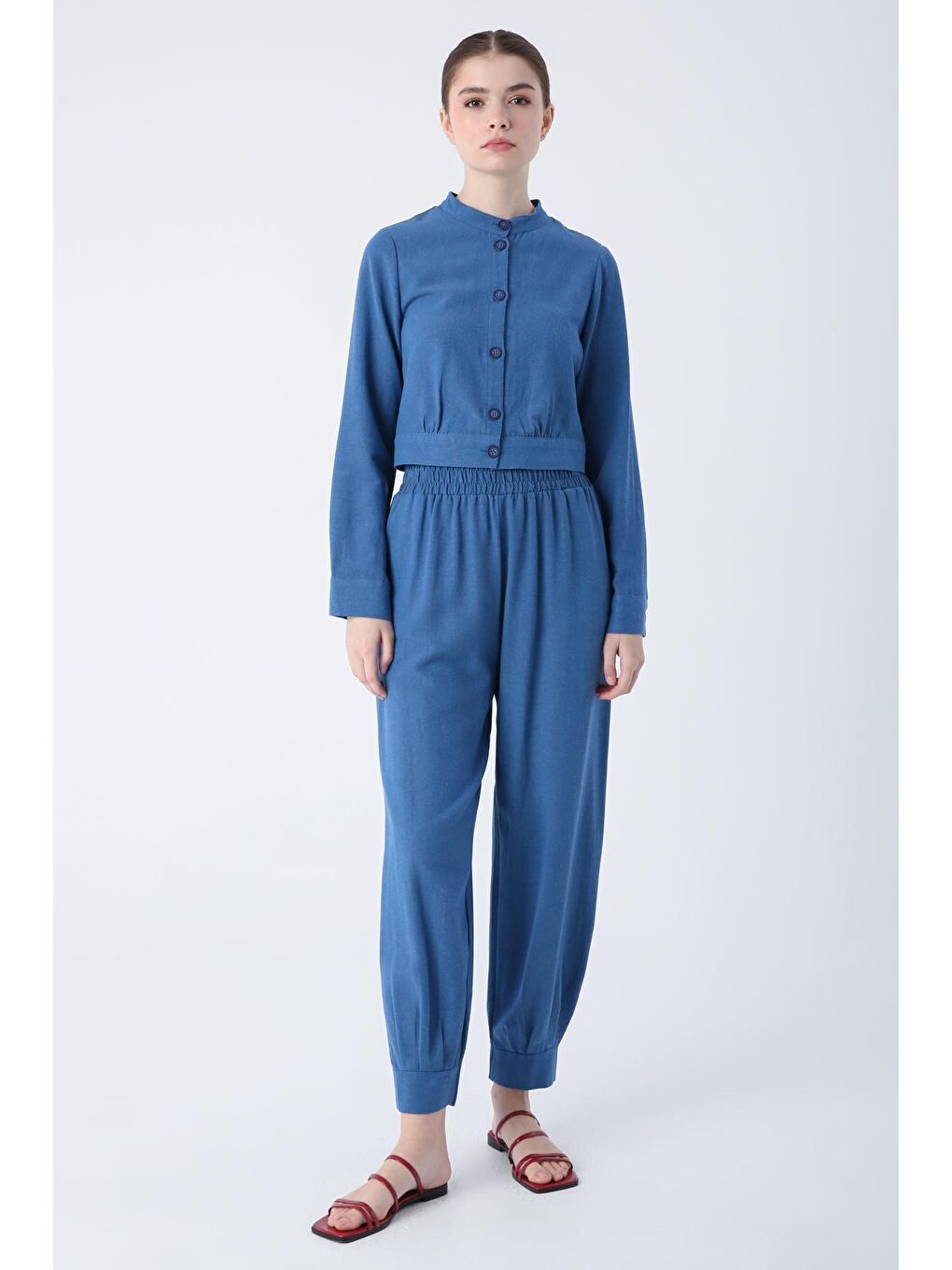 İndigo Hakim Yaka Düğmeli Pamuk Keten Kısa Ceket-1