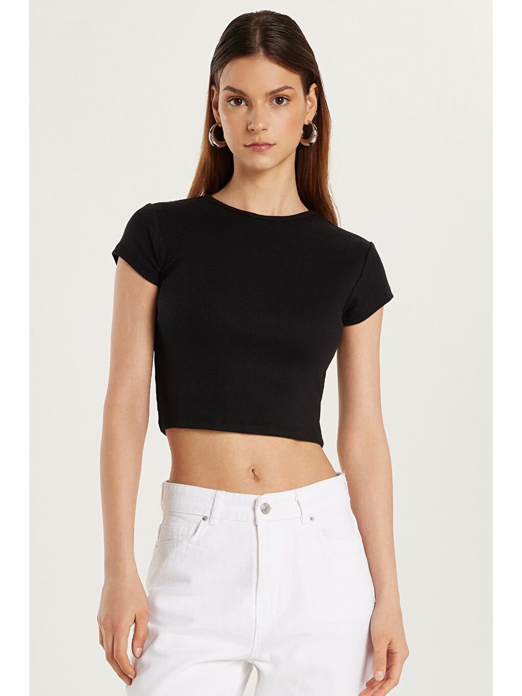 Kadın Modal Kumaş Slim Fit Dar Kesim Kısa Kollu Bisiklet Yaka Siyah Tişört-3