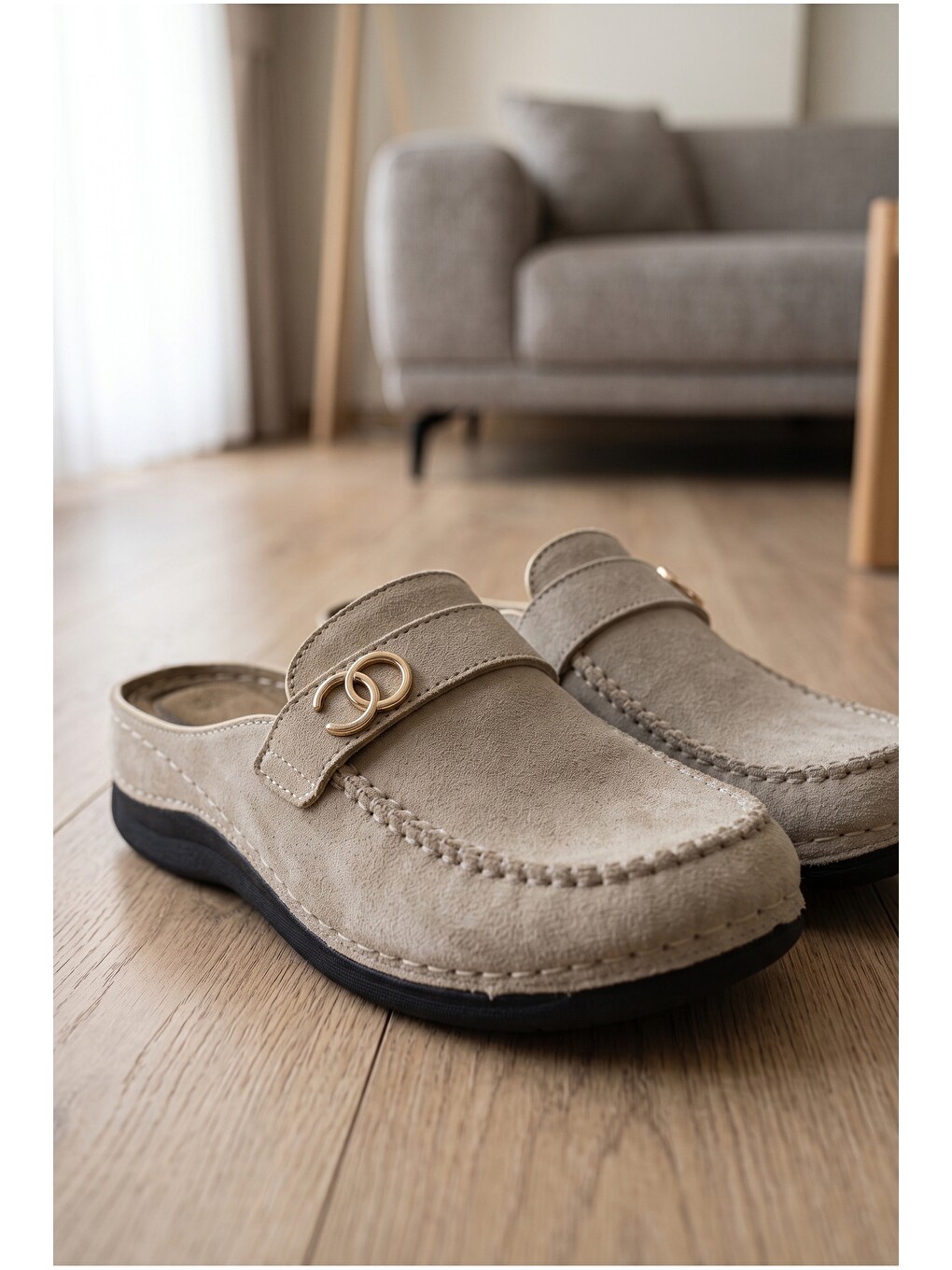 Ekru Kadın, Süet Görünümlü, Metal Tokalı, Günlük, Casual, Konfor Terlik-4