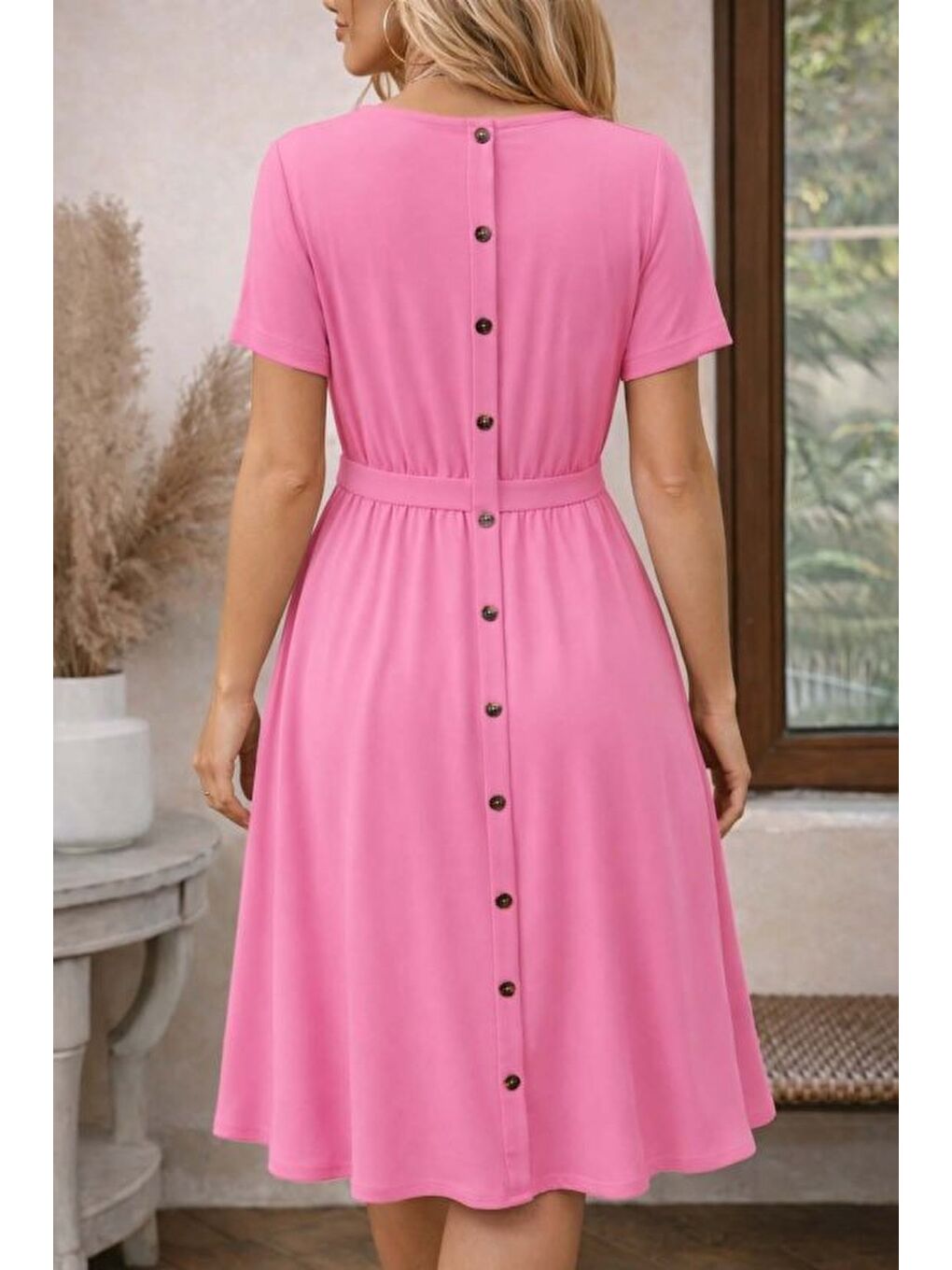 Pembe Kadın Kısa Kollu Yuvarlak Yaka Arkadan Düğmeli Viskon Midi Elbise-1