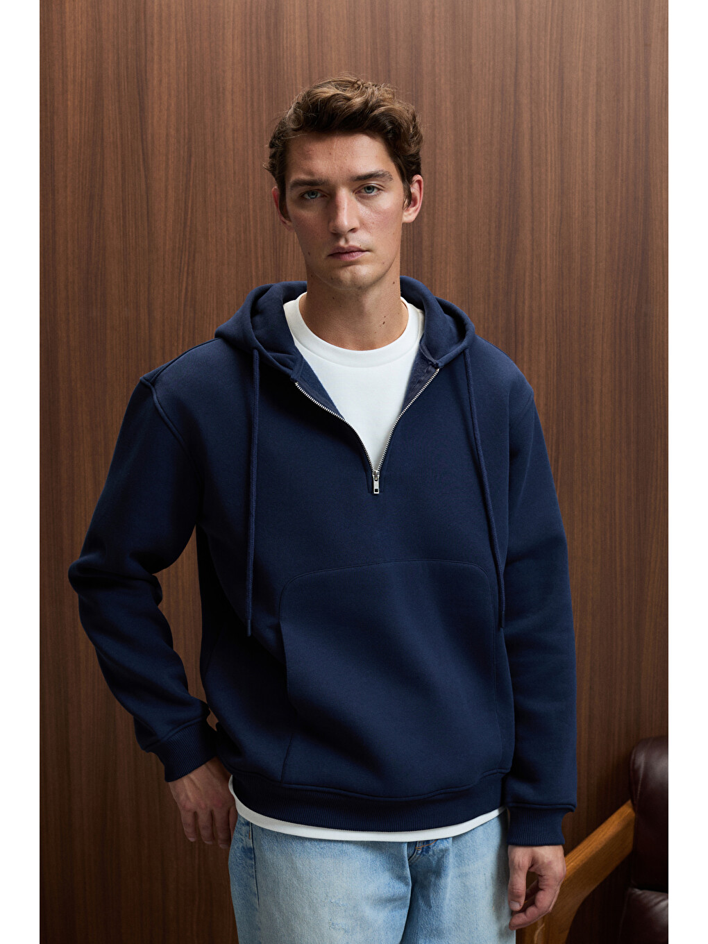 Justus Erkek Kapüşonlu Kanguru Cepli Fermuar Yakalı Lacivert Sweatshirt-2