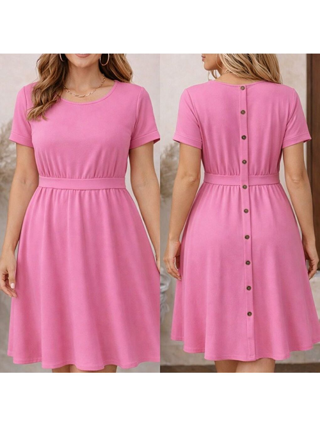 Pembe Kadın Kısa Kollu Yuvarlak Yaka Arkadan Düğmeli Viskon Midi Elbise-2