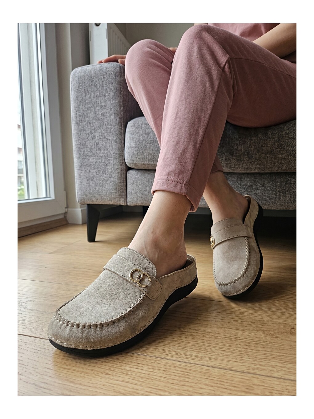 Ekru Kadın, Süet Görünümlü, Metal Tokalı, Günlük, Casual, Konfor Terlik-5