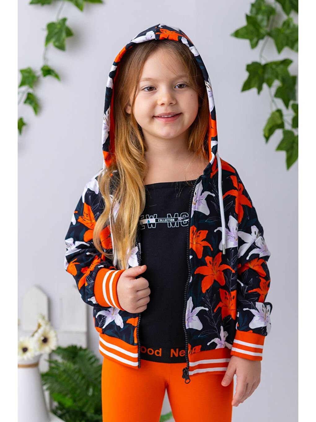 Karışık Kız Çocuk Çiçek Desenli Kapüşonlu Sweatshirt - Çiçek Desenli