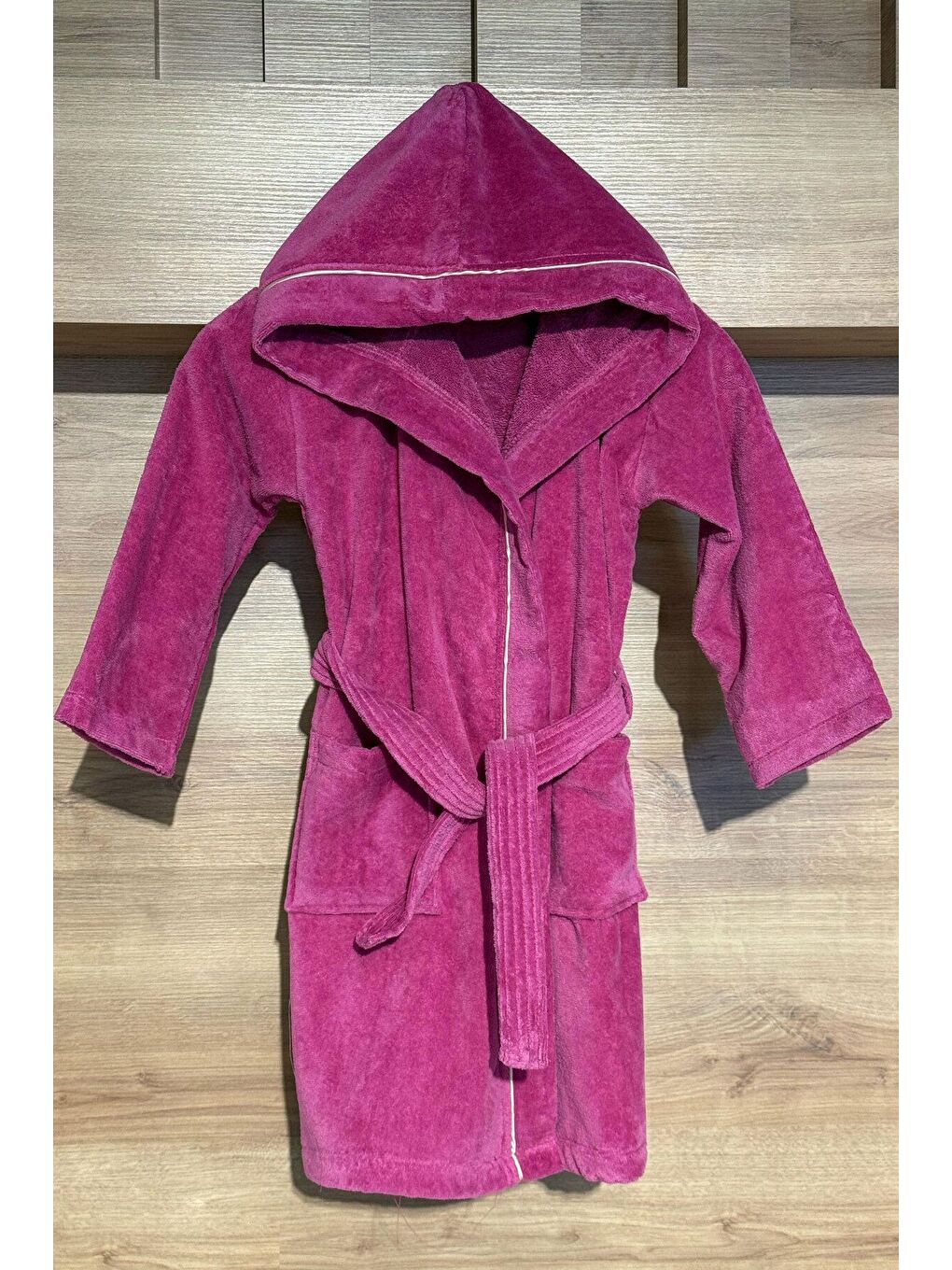 Yumuşak Dokulu Kapüşonlu Çocuk Bornozu Fuşya 5-6 Yaş