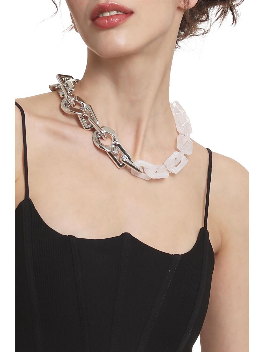 Kadın Kalın Zincir Formlu Beyaz &Gümüş Renk Geçirmeli Akrilik Tasarım Kolye-3