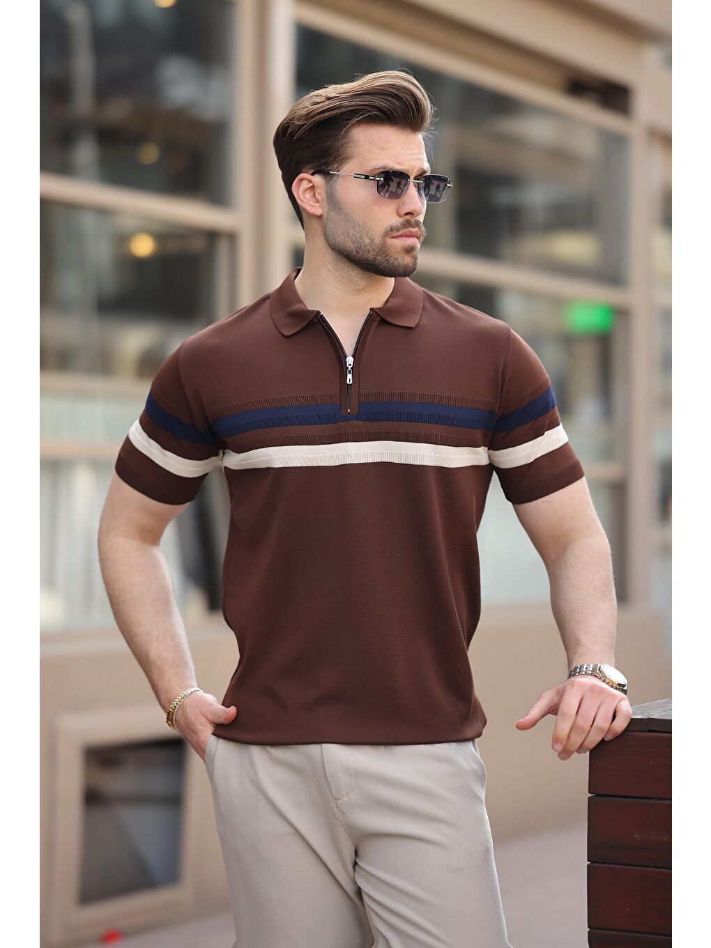 Kahverengi Fermuarlı Polo Yaka Triko Erkek T-Shirt E7299