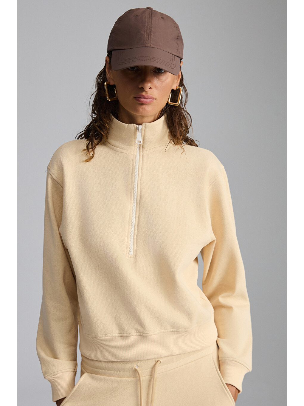 Ekru Saılenıs Kadın Yumuşacık İçi Şardonlu Organik Pamuk Yarım Fermuarlı Regular Krem Sweatshirt-3
