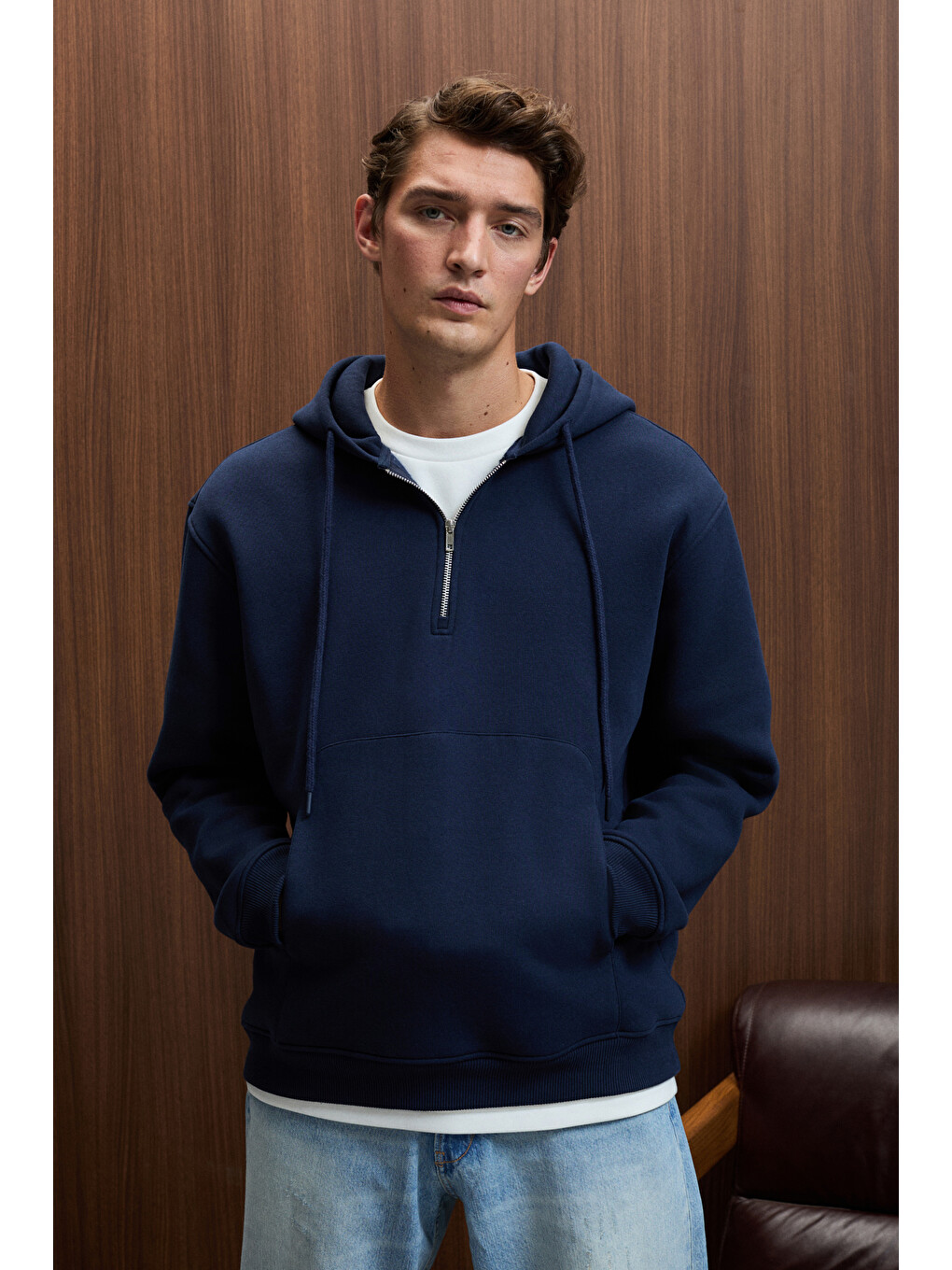 Justus Erkek Kapüşonlu Kanguru Cepli Fermuar Yakalı Lacivert Sweatshirt-4