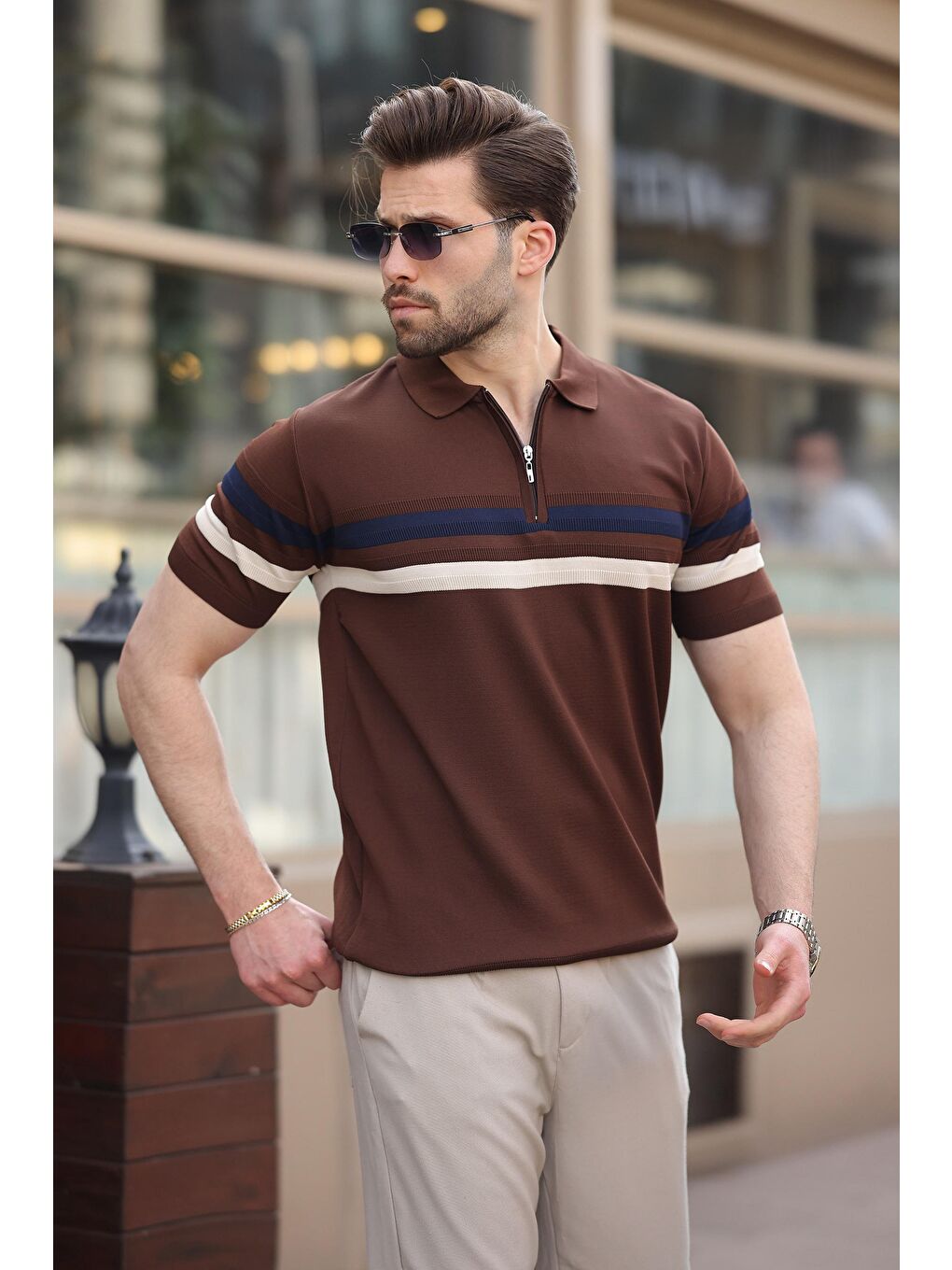 Kahverengi Fermuarlı Polo Yaka Triko Erkek T-Shirt E7299-1